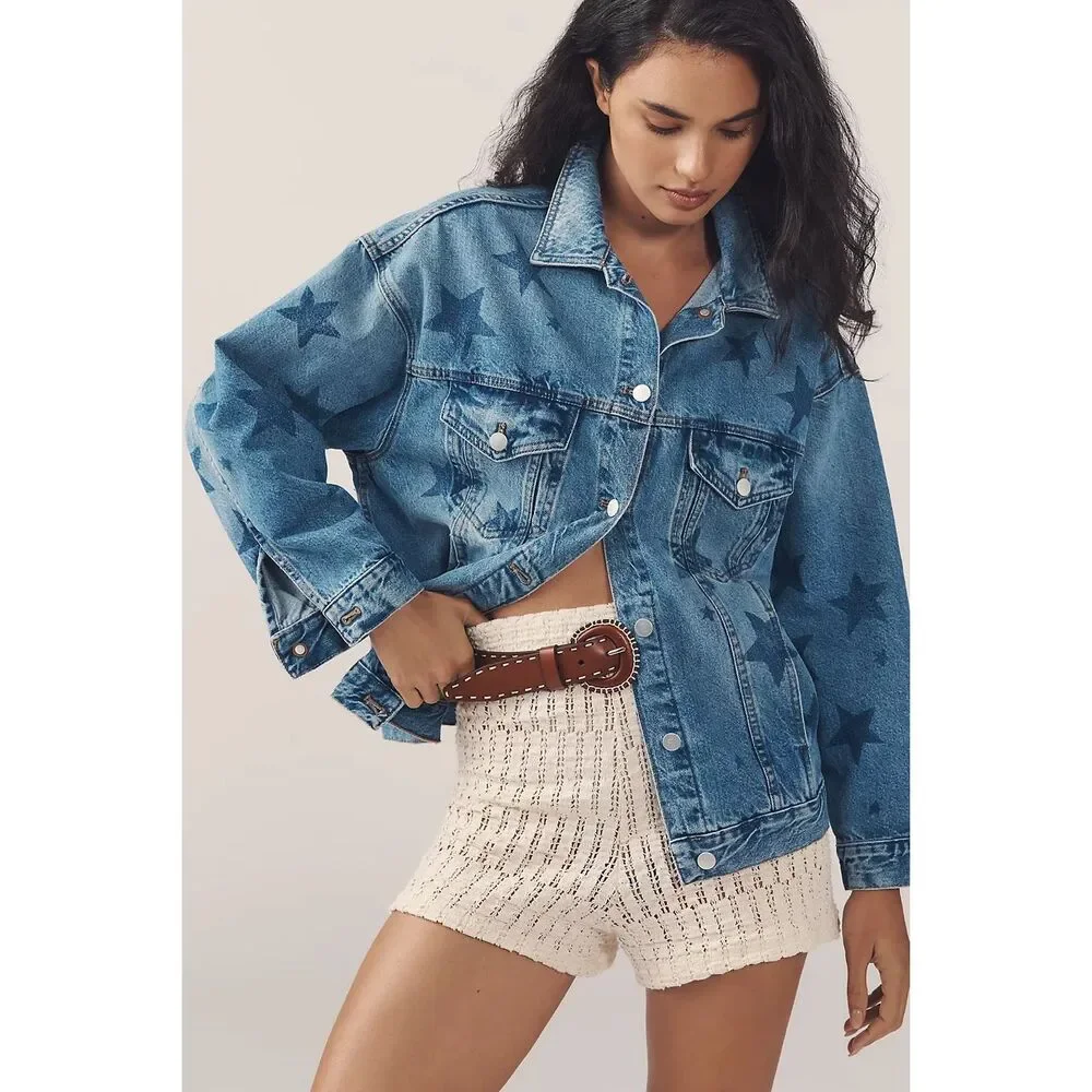 New Anthropologie The Weston Denim Boyfriend Jacket by Pilcro: Star Print Editio - Picture 4 of 15